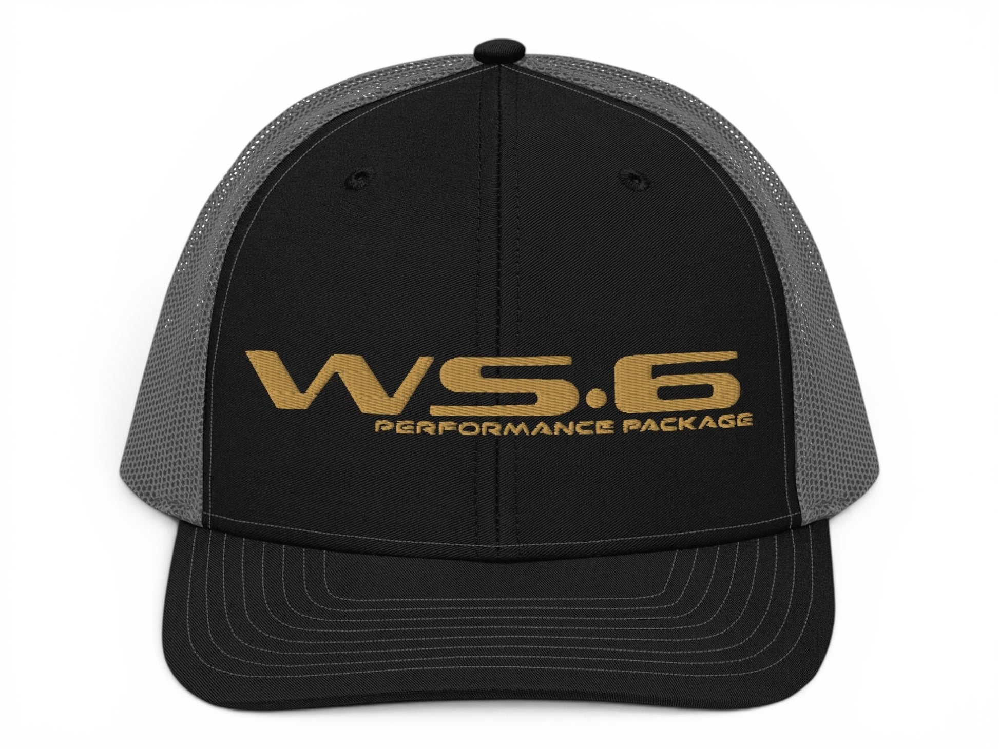 T-Top Vibes black and grey trucker hat featuring gold embroidered WS6 Performance Package text on the front panel.