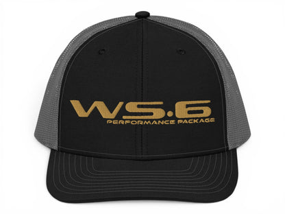 T-Top Vibes black and grey trucker hat featuring gold embroidered WS6 Performance Package text on the front panel.