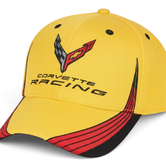 T-Top Vibes yellow Corvette C8 racing cap with embroidered logo and black and red accents on the brim