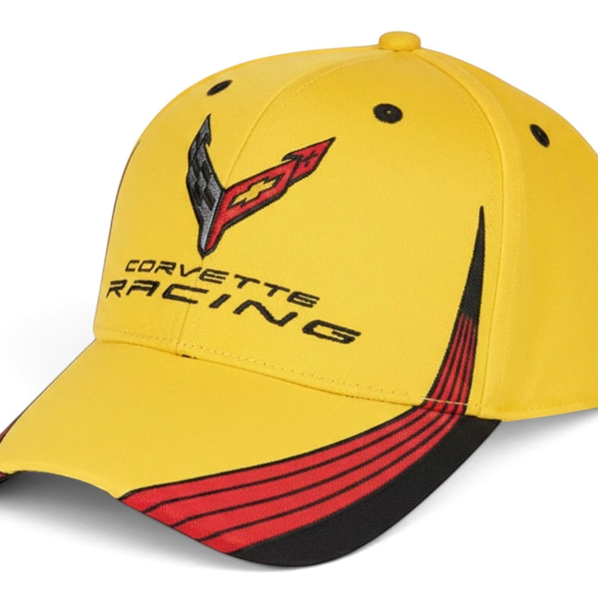 T-Top Vibes yellow Corvette C8 racing cap with embroidered logo and red and black graphic accents on a structured brim.