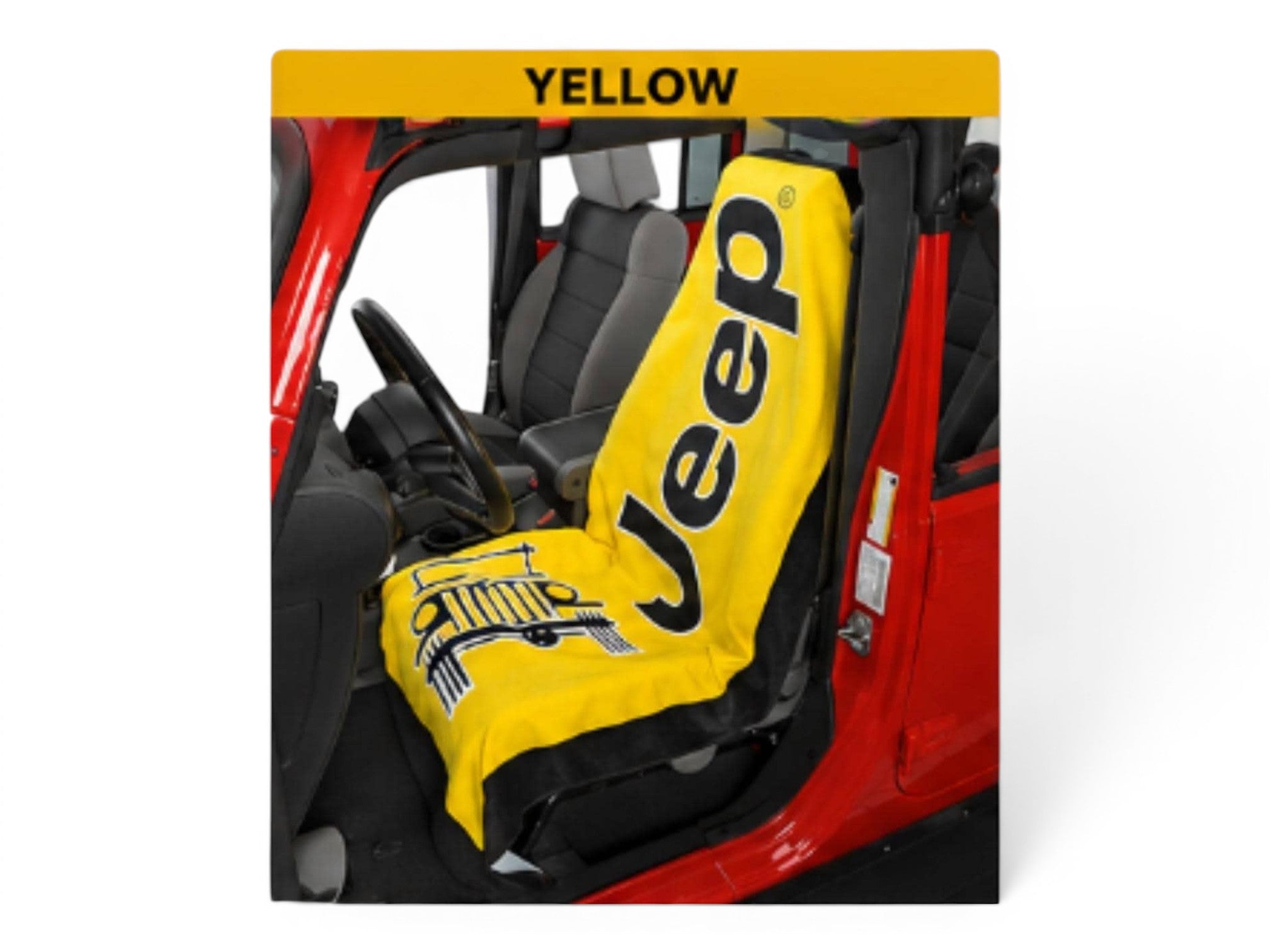 T-Top Vibes yellow Jeep cotton terry velour car seat cover towel with black logo and grille graphic