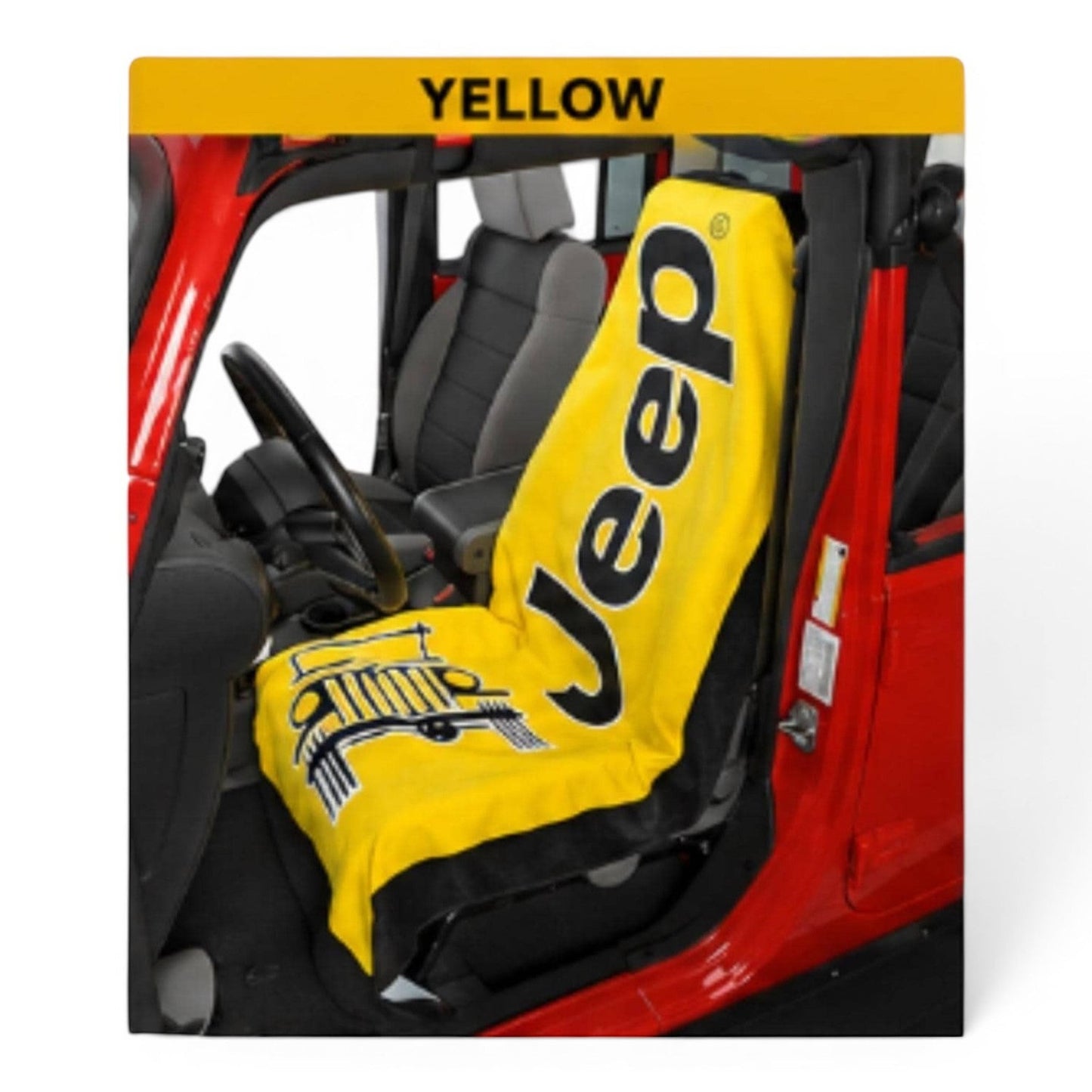 T-Top Vibes yellow Jeep cotton terry velour car seat cover towel with logo and grille graphic installed in a vehicle