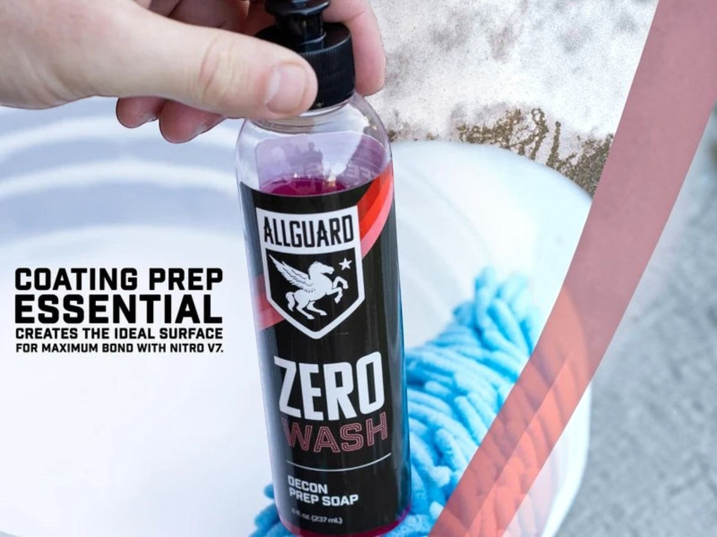 T-Top Vibes AllGuard ZERO Wash decontamination soap bottle held over a blue microfiber wash mitt in a bucket.
